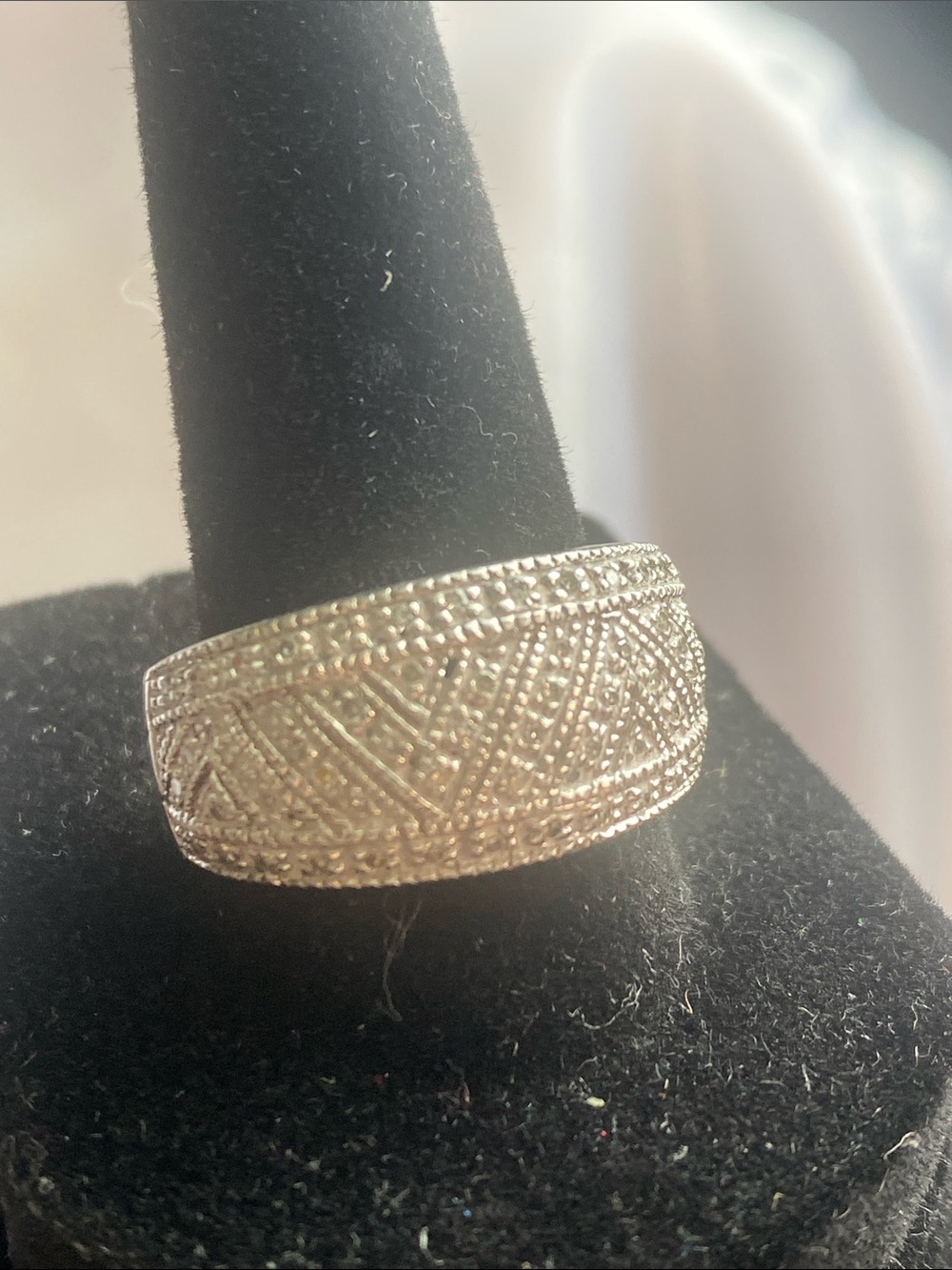 Intricate Textured Wide Band Ring in Sterling Silver and Chrystal Pave